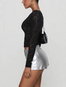 Women's Silver High Waist Eyelet Metal Decor Fashion PU Summer Elastic Tight Shorts, Suitable For Nightclub Parties, Daily Outfits, Concert Music Festival