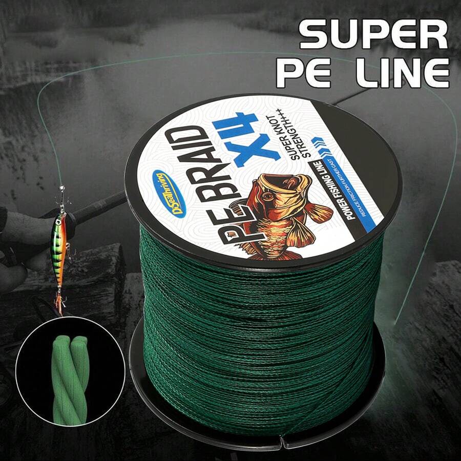 Línea de pesca trenzada de 4 hebras, color verde musgo, material PE, rango de resistencia de 6LB-60LB, empaquetada de forma hermosa, altamente resistente a la abrasión, alta resistencia, ultra suave para pesca con señuelos en agua salada y agua dulce
