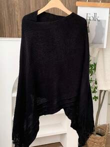 1pc Women Solid Color Poncho Asymmetrical Tassel Batwing Sleeve Sweater Cape Outerwear,Beach,Holiday - Multicolor - View 10