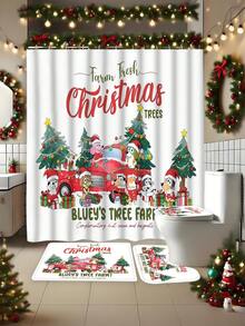 [Christmas Bluey Shower Curtain Window Curtain Set] 1/3/4pcs Christmas Solid Color Santa Hat Bluey Family And Friends Holiday Pattern Printed Shower Curtain Set, Modern Design, Suitable For All Seasons, Waterproof Polyester Hooks And Lining, Flannel Material, Soft Surface, Absorbent Anti-Slip Bathroom Mat, Bathroom Set Includes U-Shaped Mat, Toilet Mat, Anti-Slip Bathroom Mat And Bathroom Accessories, Home Decor, Holiday Decor, Christmas Gift, Daily Decor, Gift Giving