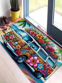 1pc New Summer Camping Van Theme Doormat, Suitable For Living Room, Bedroom, Indoor - Machine Washable - Flannel Material, Delicate Wrap, Skin-Friendly, No Pilling, Water-Resistant Easy Care, Odorless - Ideal For Home Decor, Room Decor, Living Room Carpet, Bedroom Carpet, Bathroom Carpet, Kitchen Carpet, Area Rug, Hotel Decor - Area Rug, All Season Use.