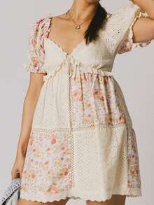 Women Y2k Puff Sleeve Babydoll Dresses Boho Floral Print V Neck Bow Tie Front Mini Dress Summer Flowy Patchwork Babydoll Sundress - 黃色 - 查看 3