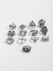 13pcs Gothic Style Skull Charm Ring Set, Fashionable Street Hip Hop Jewelry For Men - Antique Silver - View 3