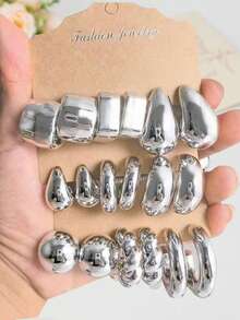 6-18 件时尚优雅简约 ABS 银色 CCB 轻质耳环首饰套装，C 形和泪珠设计，一套满足所有女性日常穿搭需求 - 款式3 - 查看 7