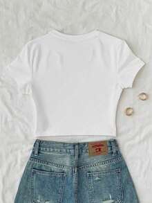 Crop top estampada mujer cuello redondo y mangas cortas, uso casual diario tshirts para mujeres Flores - Flor rosa - Ver 2