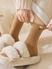5 Pairs Women's Plush Thickened Warm Socks With Heart Pattern Design, Marled Color, Ideal For Daily Wear, Mid-Calf Length