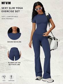 Bộ đồ thể thao 2 mảnh MFVIM dành cho nữ, áo tay ngắn và quần ống loe cạp cao, màu trơn, dáng ôm, bộ đồ thể thao ngoài trời năng động, phù hợp cho mọi mùa. - Màu xanh hải quân - Xem 2
