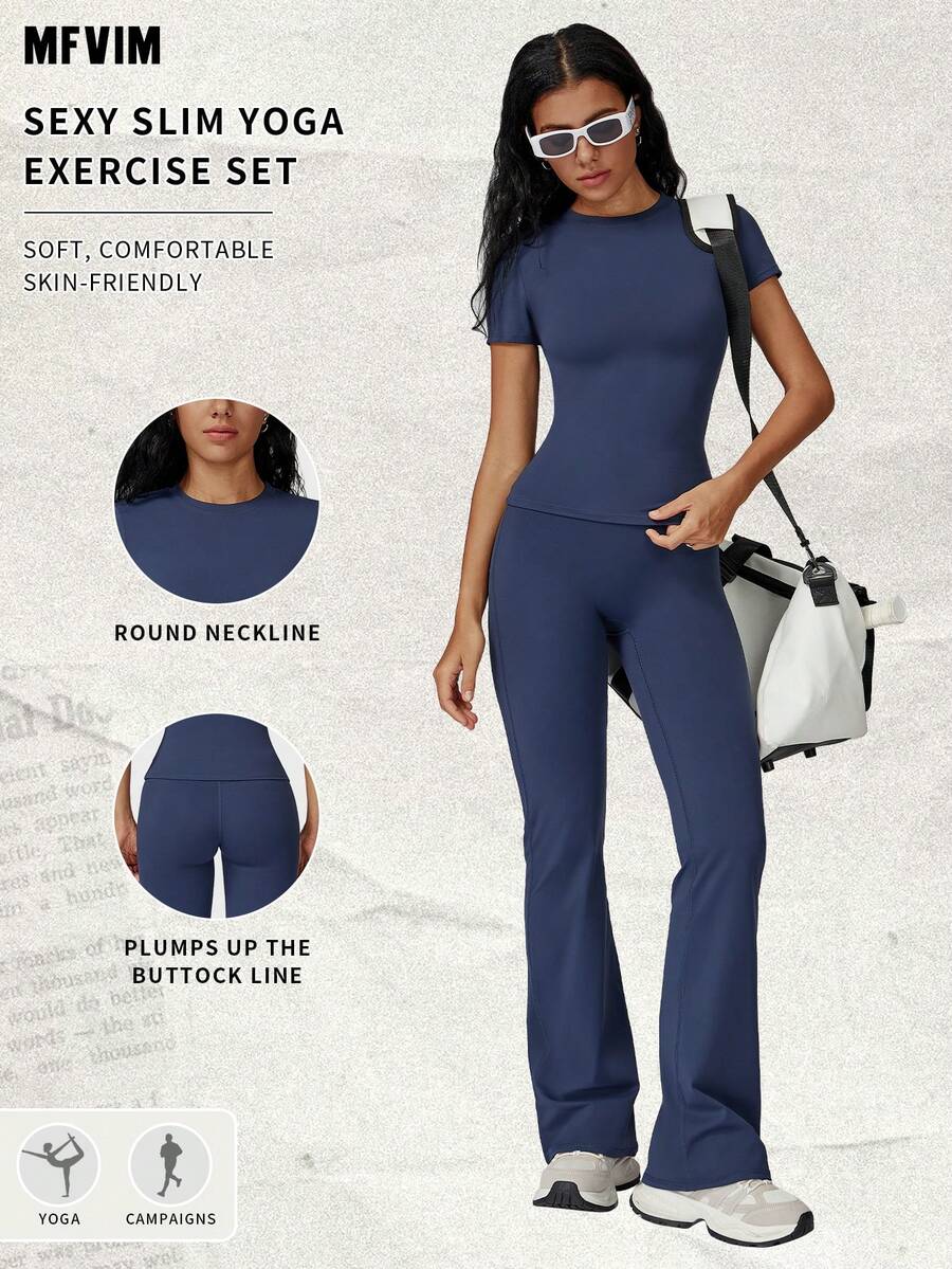 Bộ đồ thể thao 2 mảnh MFVIM dành cho nữ, áo tay ngắn và quần ống loe cạp cao, màu trơn, dáng ôm, bộ đồ thể thao ngoài trời năng động, phù hợp cho mọi mùa.