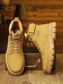 [Special Offer] Men's Faux Leather Lace-Up Work Boots - Buckle Strap Detail & Non-Slip Lug Sole, Comfortable Durable Footwear For Daily Casual, Outdoor & Street Style Wear - 棕色 - 查看 4