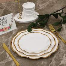 10/30/50 件白色波浪形纸盘，带金色边缘，一次性婚礼派对盘子，7.25 英寸、9 英寸和 10.5 英寸扇形甜点晚餐盘，适用于婚礼派对、新娘性别揭晓生日派对用品 - 白色 - 查看 6