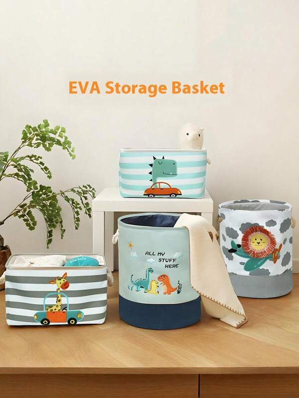 1 pieza Cestas de almacenamiento con estampado animal, cestas de lavandería plegables - con diseños de dinosaurio, león y jirafa. Cajas de almacenamiento de tela reforzada, organizadores de juguetes, cestas de ordenación, cajas de almacenamiento de tela con dibujos animados, contenedores de almacenamiento de peluches, almacenamiento de ropa bordada. Adecuado para ropa, juguetes y artículos del hogar. Decoración del hogar.