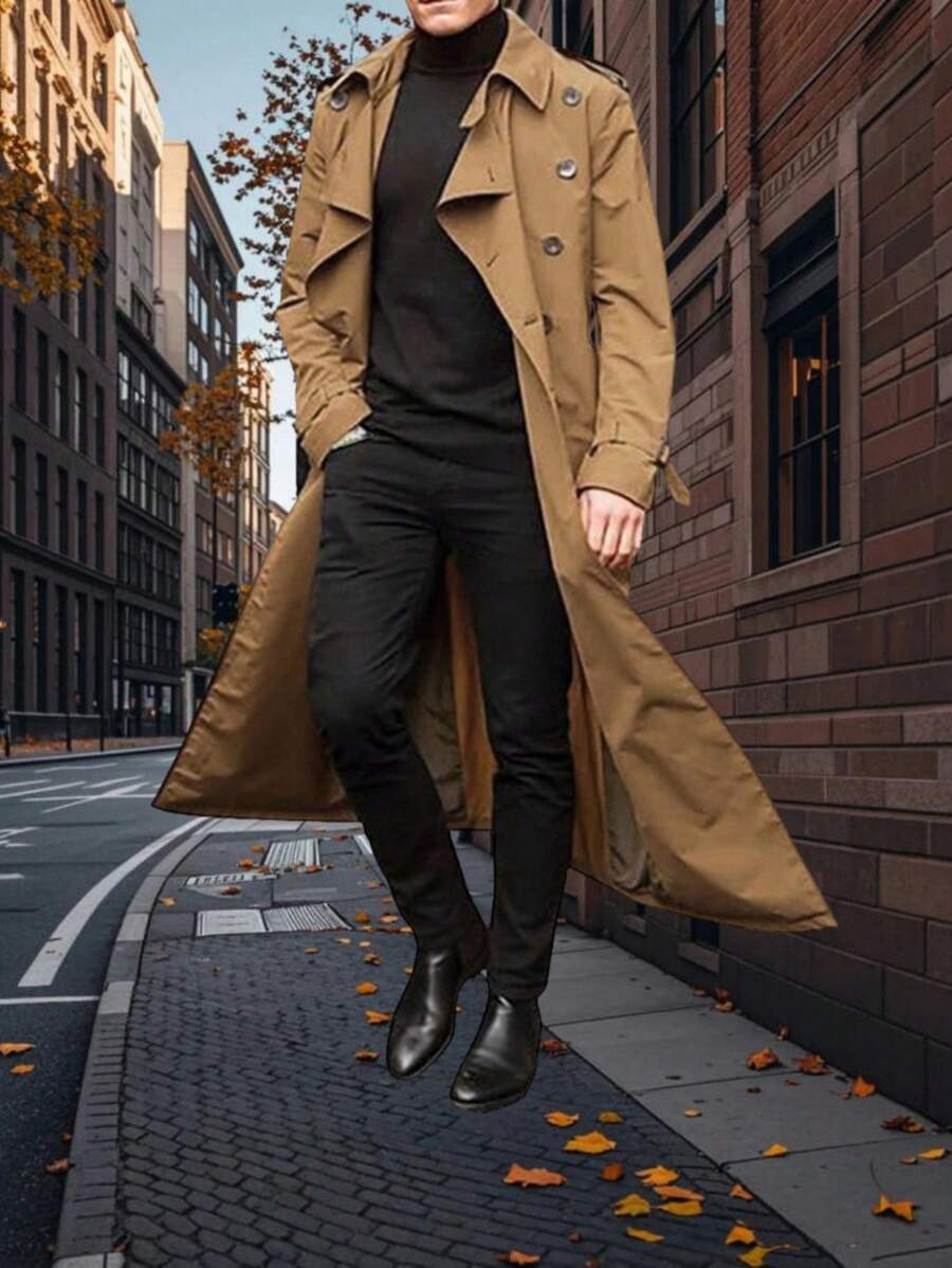 Men's Daily Fashionable Casual Mid-Length Trench Coat, Street Style, Autumn/Winter, For Friends, Husband, Boyfriend Gifts - 卡其色 - 查看 1