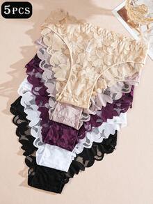 5pcs/Set Solid Color & Floral Lace Print Ruffle Design Comfortable Sexy Women's Panty Set, Suitable For Daily And Special Occasions - Multicolor - View 3