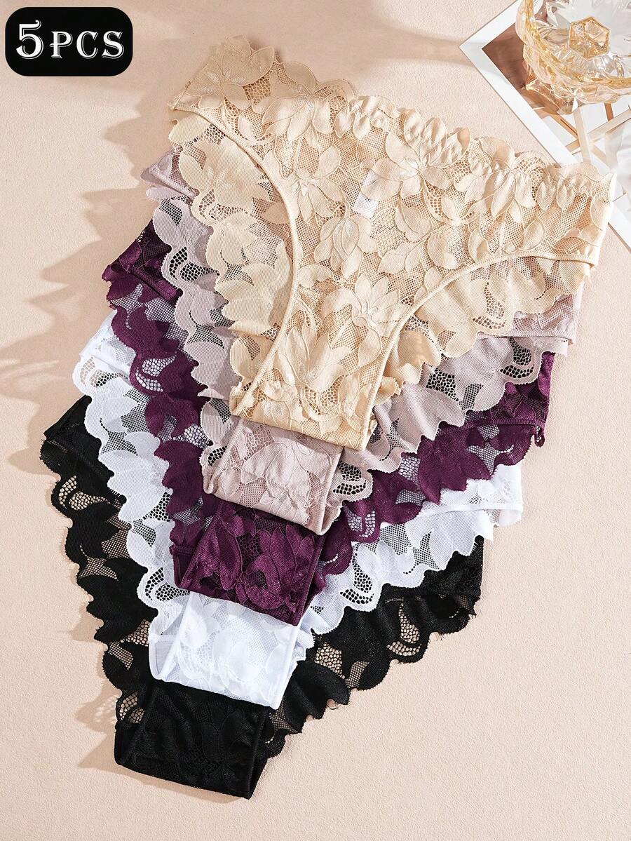 5pcs/Set Solid Color & Floral Lace Print Ruffle Design Comfortable Sexy Women's Panty Set, Suitable For Daily And Special Occasions
