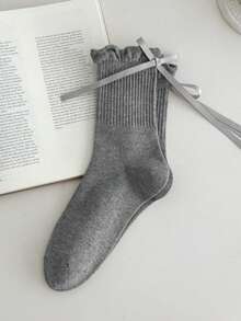 1 双女士秋冬新款蝴蝶结芭蕾袜，纯色蕾丝边甜美中筒袜，百搭日常穿着 - 彩色 - 查看 5