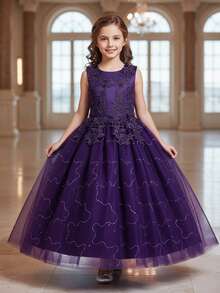 Flower Girls Tulle Lace Princess Pageant Festival Bridesmaid Carnival Floor Long Prom Dance Formal Evening Maxi Dresses - 紫色 - 查看 1