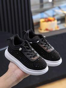 1 Pair Kids Autumn New Fashion Casual Slip-On Rhinestone Decorated Non-Slip Children Skate Shoes, Suitable For Small/Medium/Large Kids - Black - View 5