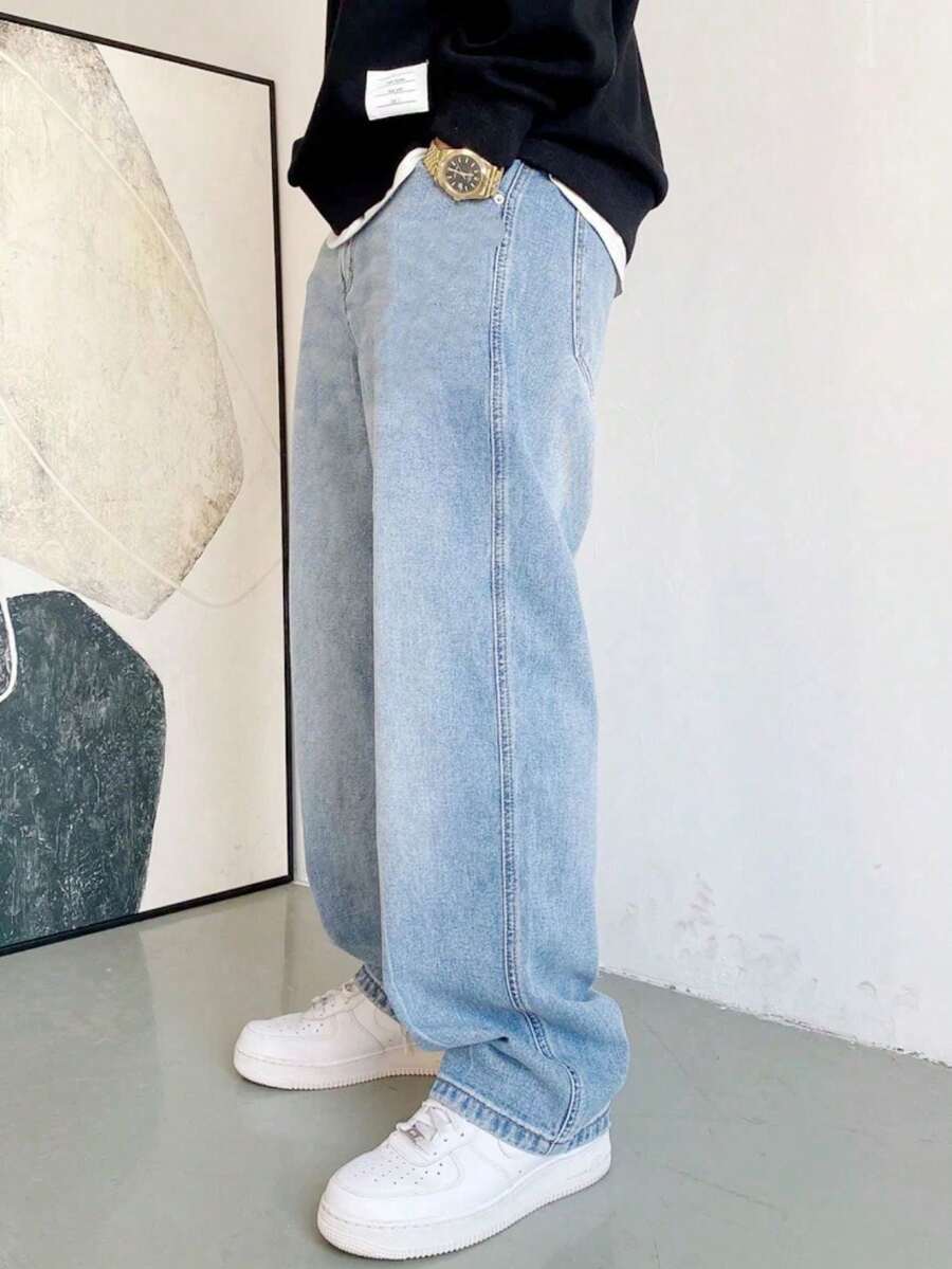 Baggy Jeans Wide Leg Straight Fit Carpenter Jeans UNISEX - Baby Blue - View 1