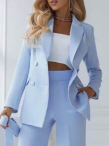 Veste longue manches femme, couleur unie, style minimaliste, décontractée, pour le printemps - Bleu azur - Voir 2