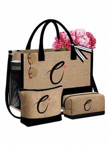 字母帆布手提袋套装，包含化妆包、洗漱包、钱包和个性化礼品袋，时尚休闲单肩包，适合婚礼、生日、海滩、度假、节日、上学等场合，是送给女性、妈妈、老师和朋友的绝佳礼物。 - 彩色 - 查看 62