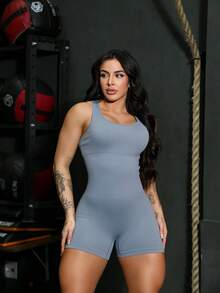 Seamless High Waist Ribbed Sports Gym Yoga Jumpsuit YI-60 - Grey - View 2