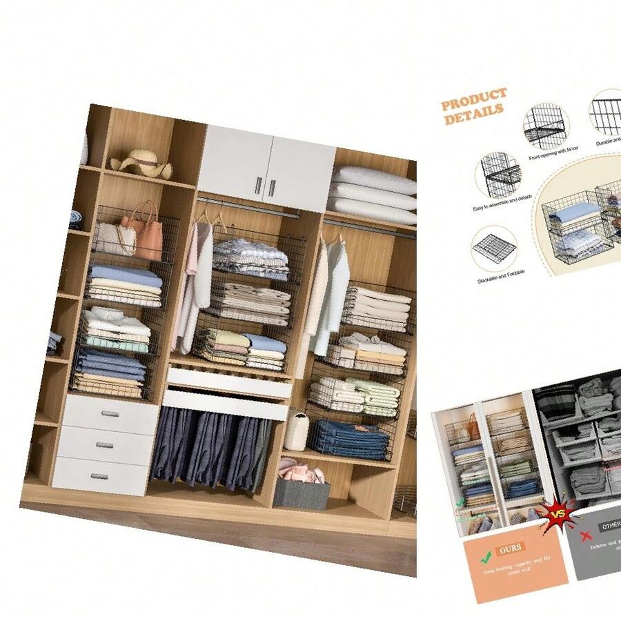 4-Tier Stackable Foldable Closet Organizer Shelves For Clothes, Black, Portable, Metal Finish