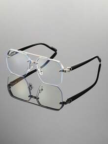 1 Pair Unisex Silver Geometric Half-Frame Metal Glasses, Suitable For Reading, Gaming, Computer, Phone Use, Anti-Fatigue Clear Lens Accessory - Yinping - View 5