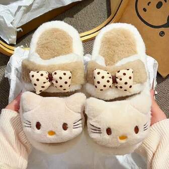 1 pezzo Pantofole termiche casual e versatili con cinturino, design carino con fiocco e gatto in pelliccia, nuova collezione autunno/inverno 2025 per donna