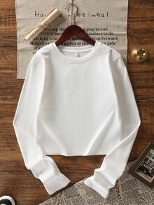 Y2K 露脐圆领长袖T恤，纯色修身露脐打底衫 - 白色 - 查看 4