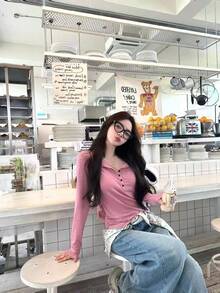 Women's Casual Button Design Long Sleeve T-Shirt, Korean Style, Autumn - Pink - View 2