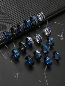 4/8/12pcs Stainless Steel Blue & Black Chain, Cross, Roman Numeral, Smooth Shape Men's Ring Set, Random Style In Blind Bag, Suitable For Men's Daily Decoration Or Gift - Multicolor - View 3
