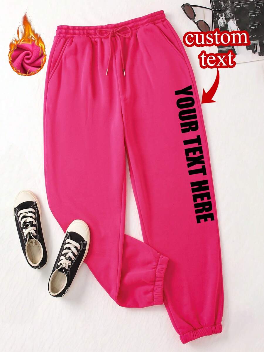 Fall Winter Customized Letter Graphic Thermal Lined Active Pants - Hot Pink - View 1