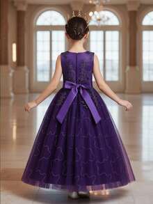 Flower Girls Tulle Lace Princess Pageant Festival Bridesmaid Carnival Floor Long Prom Dance Formal Evening Maxi Dresses - 紫色 - 查看 3