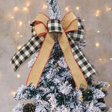 Lazos para árbol de Navidad con purpurina, adornos de lazo a cuadros de búfalo para fiestas navideñas en casa. - Negro - Ver 3