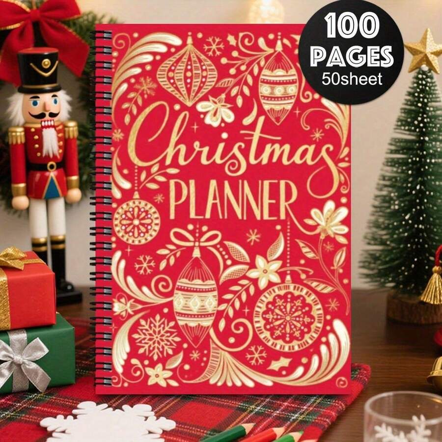 1 Stück Weihnachts-Spiralblock Planer - Rotes & Goldenes Feiertags-Design mit Dekorationen, Spiralbindung Reisetagebuch - Tragbarer Weihnachts-Planer für Büro, Schule, kleine Geschenke - Festlicher personalisierter Organizer, saisonale Aufzeichnungen, elegante Schrift, Premium-Qualität, geeignet für Büromitarbeiter