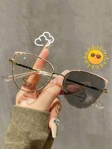 1pc Metal Round Cat Eye Frame Outdoor Photochromic Indoor Flexible Temples Fashion Glasses For Women - 黑色 - 查看 4