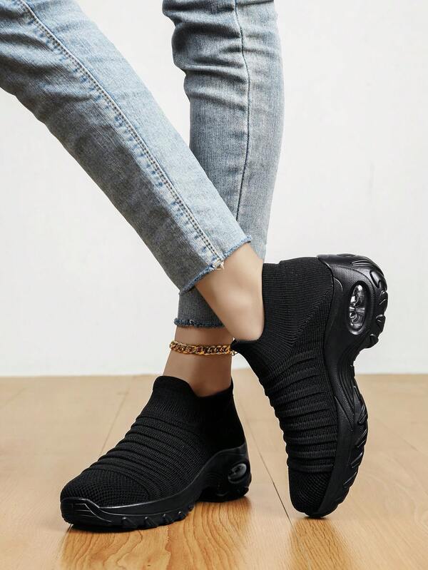 Women's Black Air Cushion Slip-On Casual Sports Hiking Walking Shoes, Suitable For Mothers, Dance