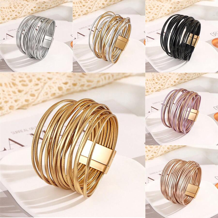 1 Pc Bohemian Style Multi-Layer PU Leather Bracelet, High Quality Color Blocking Series Leather Bracelet Jewelry