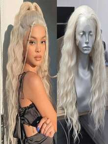 websterwigs Tóc giả dài 13x4 gợn sóng màu đen, vàng bạch kim, xám tro, phía trước ren, tóc giả tổng hợp phía trước ren, đường chân tóc được nhổ sẵn, tóc sợi chịu nhiệt, tóc giả thẳng mượt, dành cho nữ, hóa trang, tiệc tùng, sử dụng hàng ngày - Nhiều màu - Xem 13