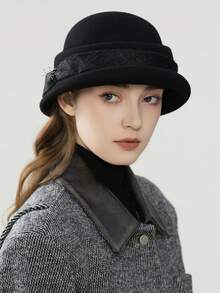 1 peça novo chapéu francês elegante versátil outono/inverno redondo de lã feltro, aba virada para cima decoração de laço chapéu de balde de aba pequena inverno quente