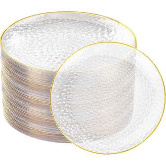 10/25pcs Transparent Wavy Gold Rim Plates - 7.5 Inch/10.25 Inch Dinner Plates, Lightweight Plates, Easy To Carry, Reusable And Washable, Suitable For Outdoor Gatherings, BBQs, Western Meals, Family Gatherings, Team Building, Restaurants, Kitchens, Wedding Parties, Etc.