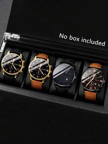 4 件套商务休闲运动男士日历石英手表，配有 PU 皮革表带，适合日常佩戴和送礼 - 彩色 - 查看 1