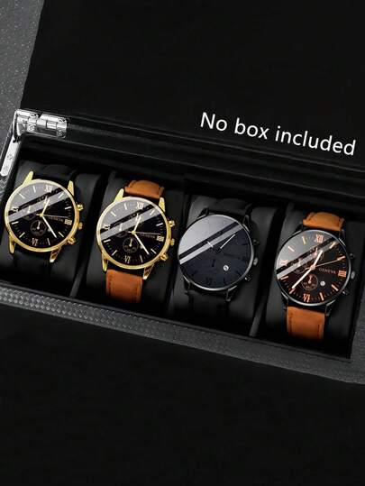 4 件套商务休闲运动男士日历石英手表，配有 PU 皮革表带，适合日常佩戴和送礼