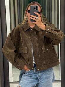 Women's Short Suede Aviator Jacket, Autumn/Winter Outerwear, Autumn, Women's Zipper Long Sleeve Top, Short Green Zipper Short Jacket, Winter - Khaki - View 6