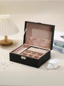 1pc Dual Layer Large Capacity Jewelry Box, Minimalist Leather Jewelry Storage Box, Portable Solid Color Rectangular Jewelry Organizer, Vanity Jewelry Box With Drawer, PU Leather Travel Jewelry Box, Convenient For Travel, Dual Layer Storage Box, Large Capacity For Earrings, Necklaces, Bracelets