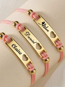 Personalized Colorful Rope Bracelet With Engraved Text, Customized Hollow Moon & Heart Stainless Steel Bracelet, Blue & Pink Braided Rope Bracelet, Birthday Gift, Back To School Gift, Halloween Decor, Halloween Gift, Easter Gift - Heart-shaped - View 4