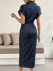 女式优雅褶皱单排扣纯色短袖领直筒连衣裙，梭织面料，夏季 - 藍色 - 查看 3