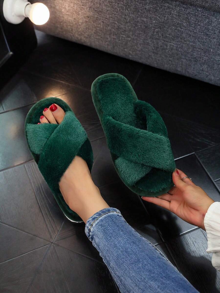 Women's Fluffy Soft Criss-Cross Slippers, Warm Plush Fuzzy Open Toe Slip-On House Shoes, Comfortable Indoor Outdoor Slippers, Breathable Pink - Dark Green - View 1