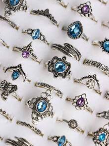 20pcs/Set Vintage Elegant Bohemian Style Artificial Stone Rings, Casual Party Gift, Everyday Jewelry Accessories For Men & Women - 20 Blue Glass Pinky Rings - View 7
