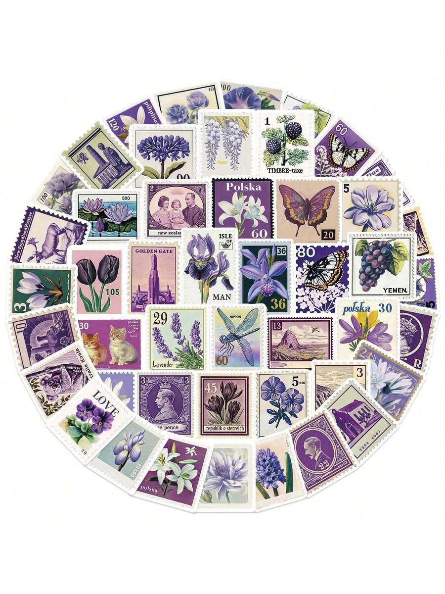 50PCS Creative Retro Purple Stamp Graffiti Stickers Graffiti Creative Stickers DIY Laptop Refrigerator Luggage Phone Case Decoration Stickers Toy Wall Decor Room Decor Wall Stickers Wall Sticker Home Decor